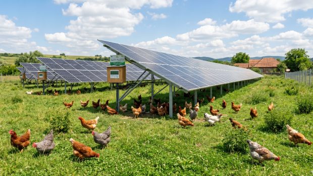 Revoluția din ferme: găinile cresc sub „acoperiș” de panouri solare