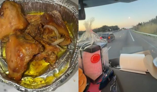 Soția unui șofer român de TIR gătește pui cu mujdei în cabina camionului, în timp ce el conduce: „Fac repede și o salată”