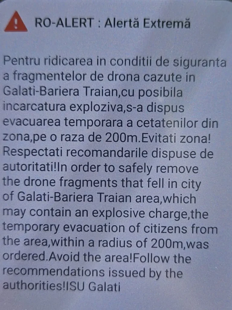 O dronă rusească, care ar avea încărcătură explozivă, s-a prăbușit în Galați. Oamenii din zona de impact sunt evacuați de autorități