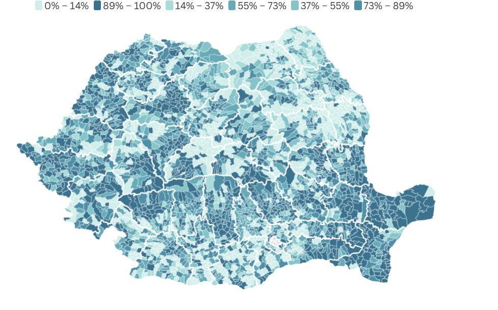 O hartă a României colorată in nuante de verde