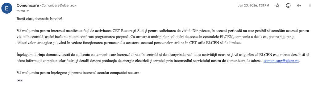 Refuzul companiei de a primi un ziarist în incinta CET București