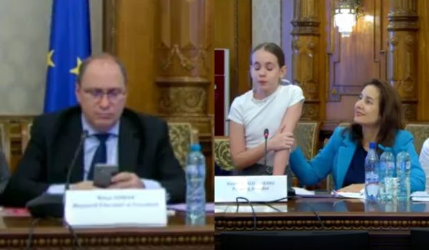 O elevă emoționată, susținută de psihologul prezent, în timp ce ministrul Educației o ignora în Senat