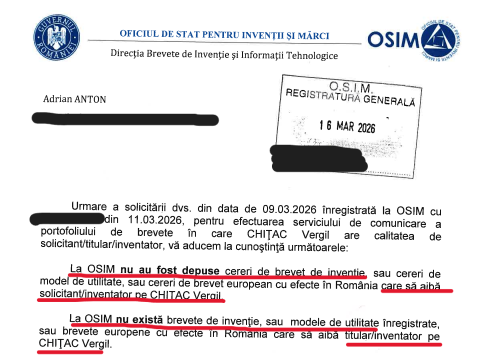 Pe urmele brevetelor. Cinci instituții diferite au ridicat din umeri când au fost întrebate de certificatele de inovator ale primarului Constanței, Vergil Chițac, trecute de acesta în CV. OSIM: „Nu există”