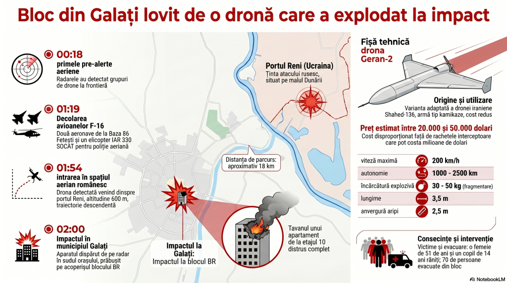 Infografic cu harta orașului Galați și blocul lovit de drona rusească, portul Reni din Ucraina, care era ținta dronei, detalii tehnice despre drona Geran-2 și cronologia evenimentului