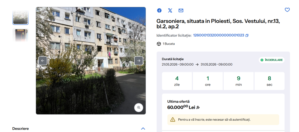Anunțul de pe site-ul ANAF legat de garsoniera de vânzare din Ploiești