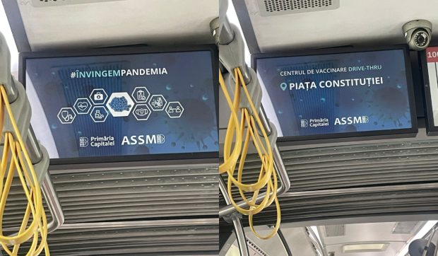 Călătorii autobuzului 100 din București, surprinși cu mesaje vechi din pandemie pe ecranele din mijlocul de transport