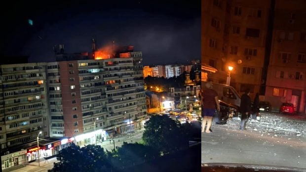 Momentul în care drona rusească se prăbușește pe un bloc de locuințe din Galați: „Am văzut-o din balcon când a trecut, am văzut lumina exploziei”