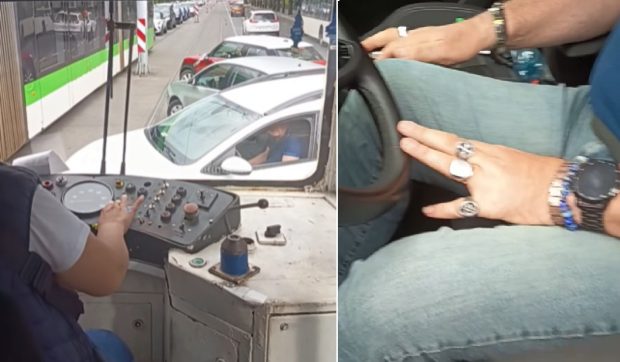 O femeie care mergea cu tramvaiul a coborât și a făcut ordine printre șoferii care blocau linia, în București: „Dați-vă să trecem și noi”