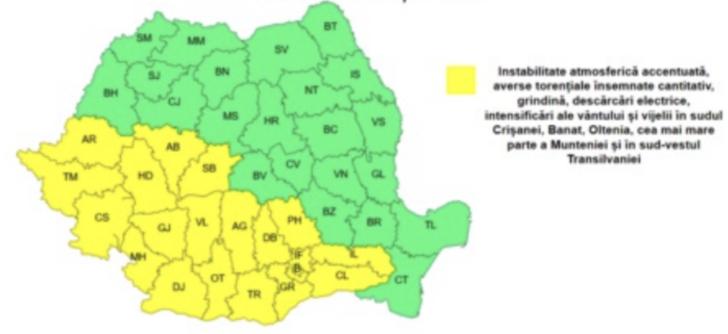 Ploi torențiale, grindină și vijelii în 20 de județe din România. Harta zonelor vizate de avertizarea meteo ANM cod galben