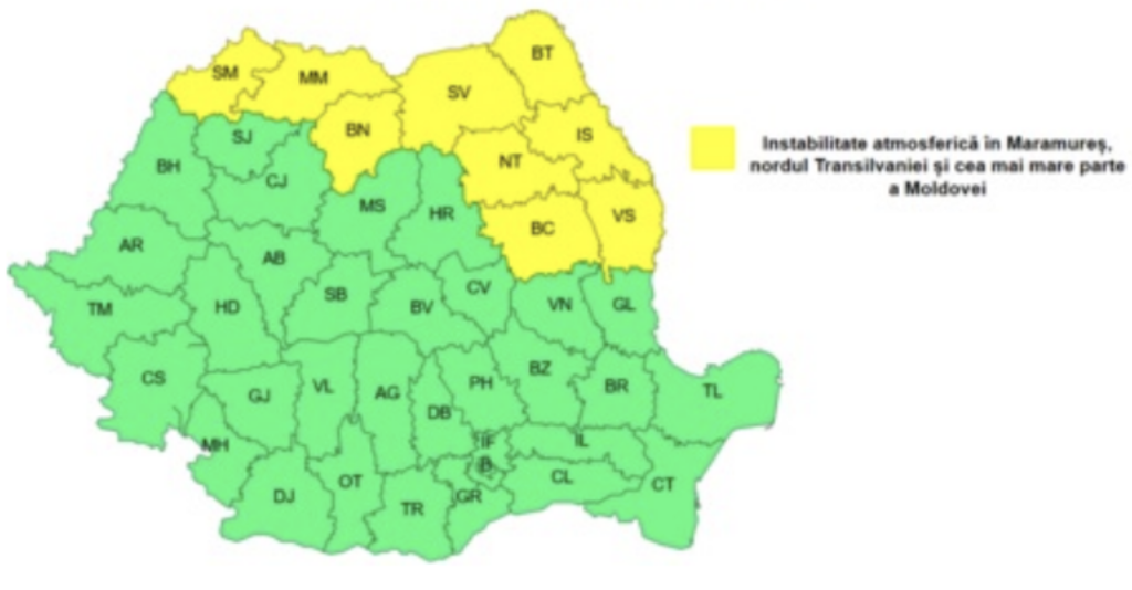 Ploi torențiale, vijelii și grindină în 9 județe ale țării. Harta zonelor vizate de avertizările meteo ANM de cod galben