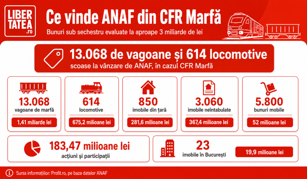 13.068 de vagoane și 614 locomotive, de aproape 3.000.000.000 de lei, ale CFR Marfă, scoase la vânzare de ANAF într-una dintre cele mai mari lichidări ale unei companii de stat