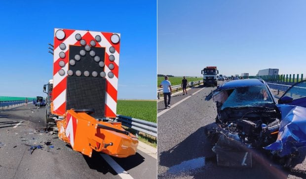 Impact puternic pe Drumul Expres Craiova – Pitești: Autospecială de protecție a muncitorilor distrusă de un autoturism neaterent