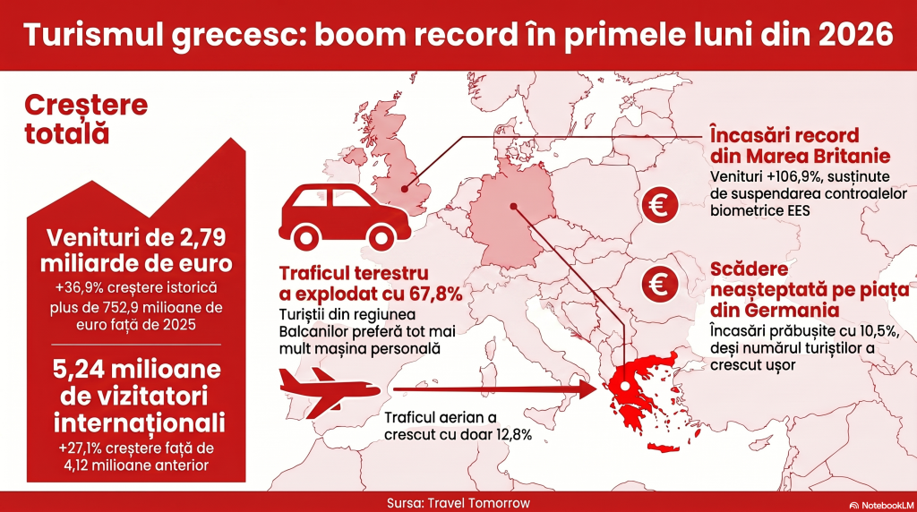 Grecia raportează cifre record în turism în primele luni din 2026. Străinii au cheltuit cu 37% mai mult pe insulele elene comparativ cu anul trecut