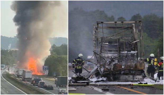 Un șofer român de TIR și-a văzut moartea cu ochii, după ce camionul plin cu butelii a explodat pe o autostradă din Germania