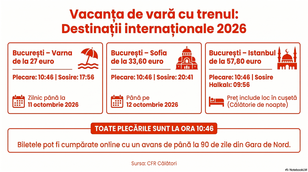 CFR Călători a reluat trenurile internaționale de vară din București către Istanbul, Sofia și Varna. Biletele pornesc de la 27 de euro