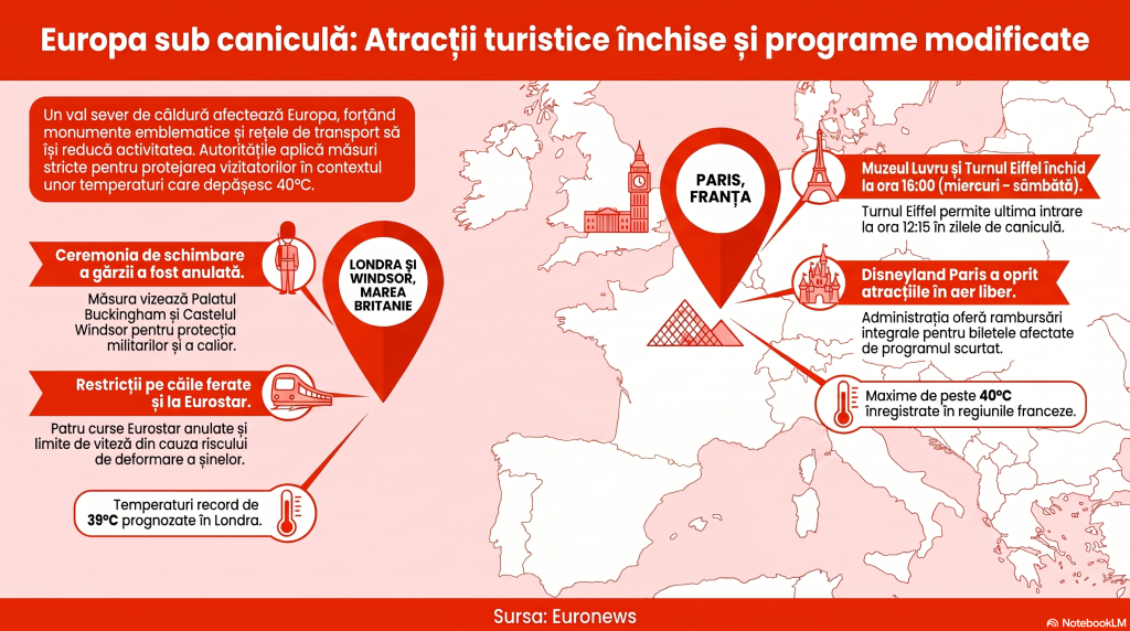 Turnul Eiffel, Muzeul Luvru și Palatul Buckingham au fost închise sau se închid mai devreme din cauza caniculei. Noul program de vizitare în zilele călduroase 