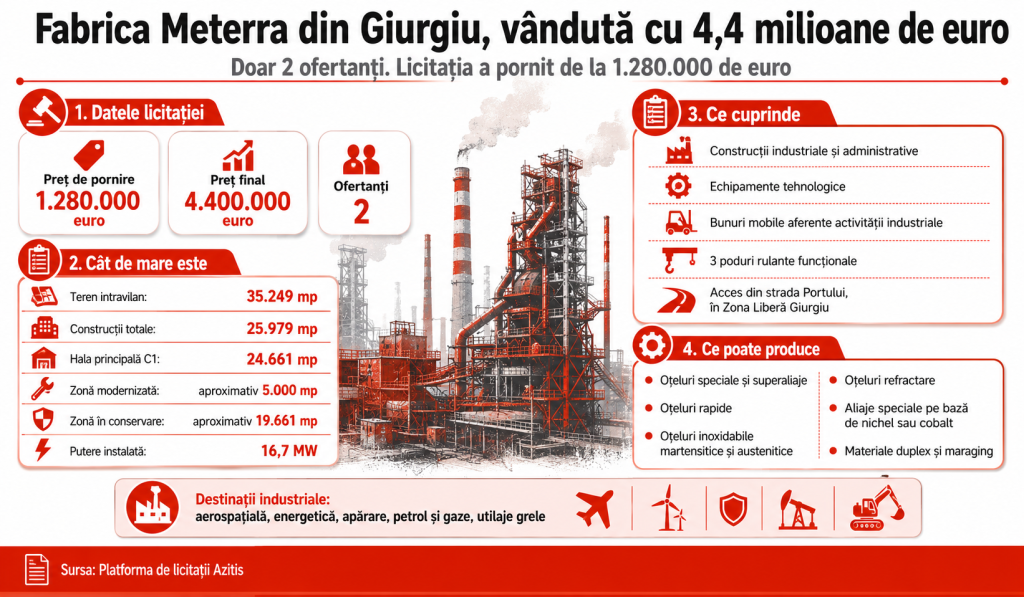 O fabrică de 35.249 mp din Giurgiu, vândută cu 4.400.000 de euro. Producea superaliaje pentru avioane și energie