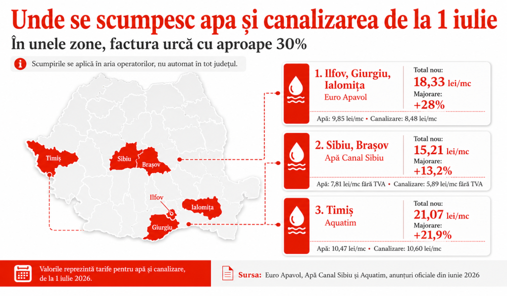 Apa și canalizarea se scumpesc cu aproape 30% de la 1 iulie. Județele din România unde oamenii vor plăti mai mult la factură