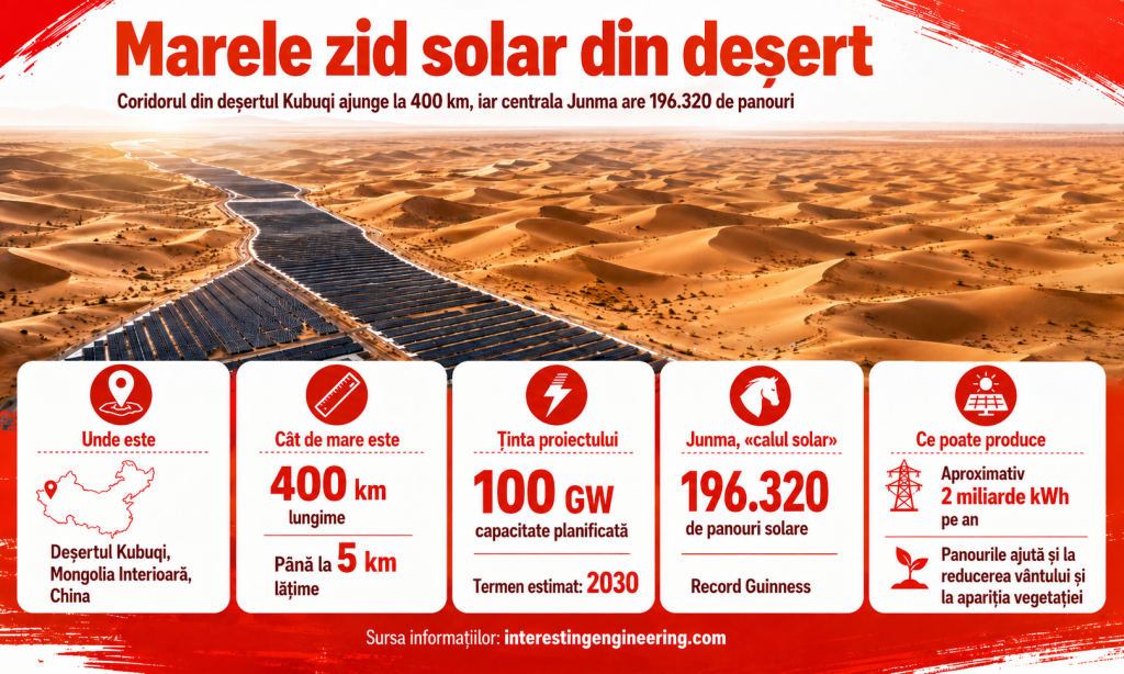 China ridică un „zid solar” cu 196.320 de panouri și lung de 400 de kilometri, prin deșert: se vede din satelit și a intrat în Cartea Recordurilor