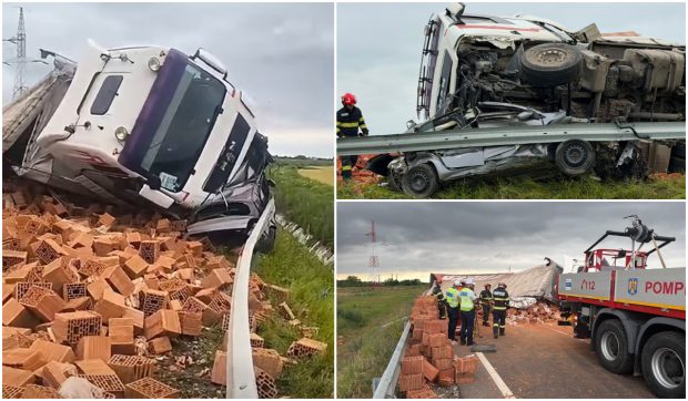 Accident grav pe Centura Timișoarei: TIR răsturnat peste o mașină, cu un mort și un rănit