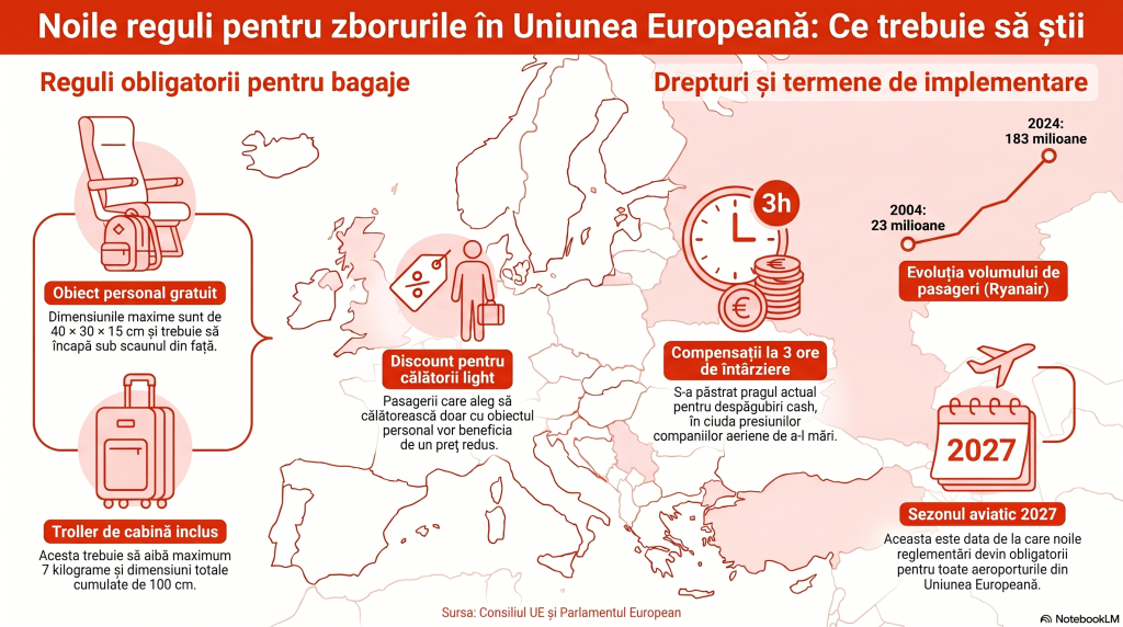 Companiile aeriene europene vor fi obligate să elimine taxele pentru bagajele de mână. De când intră în vigoare noile reguli UE