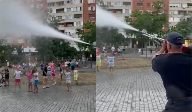 Pompierii au dus ploaia cu tunurile de apă în parcuri, să răcorească locuitorii din Oradea | VIDEO