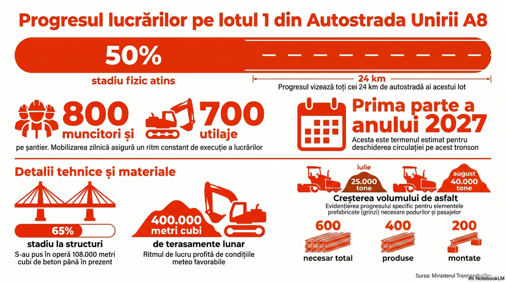 De când vom circula pe primii kilometri ai Autostrăzii Unirii A8: Lotul Târgu Mureș - Miercurea Nirajului a ajuns la 50%