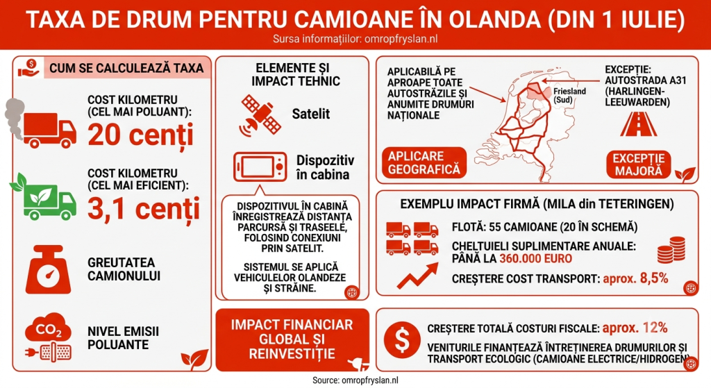 Taxă de drum de la 1 iulie pentru toate camioanele, inclusiv românești, pe șoselele din Olanda. Ce drumuri sunt exceptate și cum se calculează suma de plată