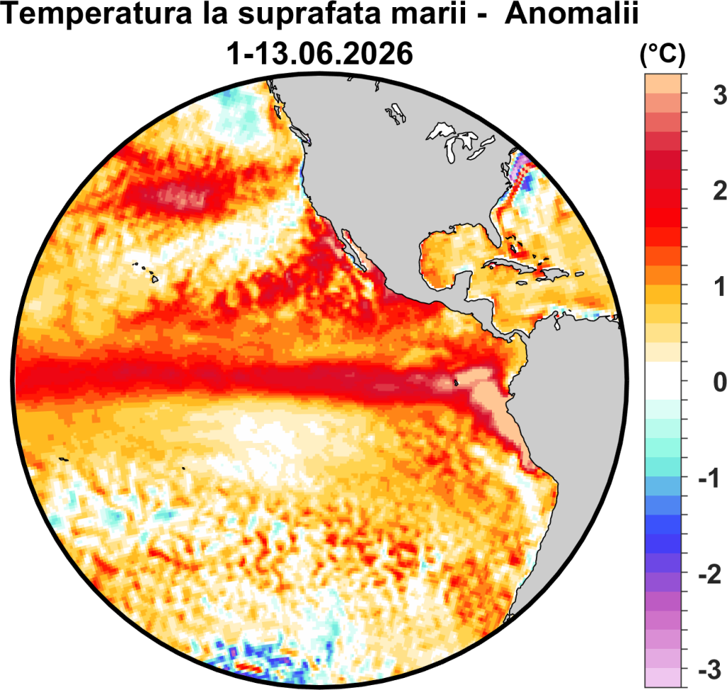Anomaliile temperaturii la suprafața oceanului (SST) în Oceanul Pacific în perioada 1 – 13.06.2026. Valorile pozitive (roșu) indică încălzirea apei de suprafață în Pacificul central și estic, factor declanșator al evoluțiilor atmosferice globale