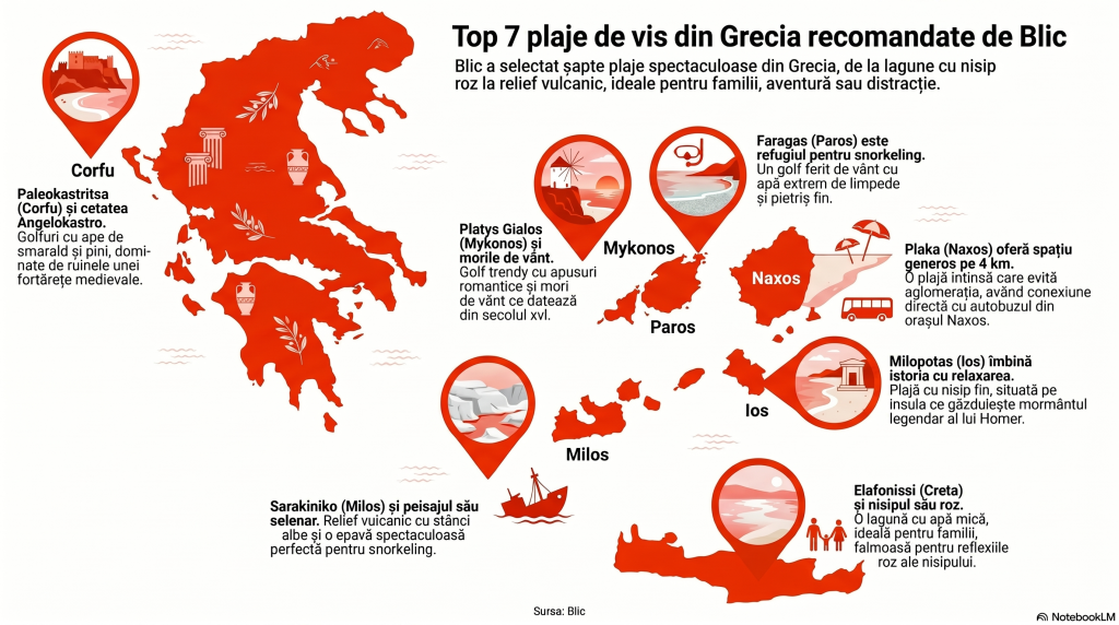 Top 7 cele mai frumoase plaje din Grecia, de la nisipul roz din Creta la peisajul selenar din Milos. Recomandările experților pentru vara 2026
