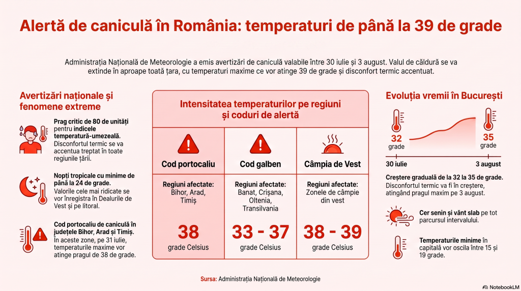 ANM a extins avertizările de caniculă: 18 județe intră de vineri sub coduri galben și portocaliu de temperaturi extreme