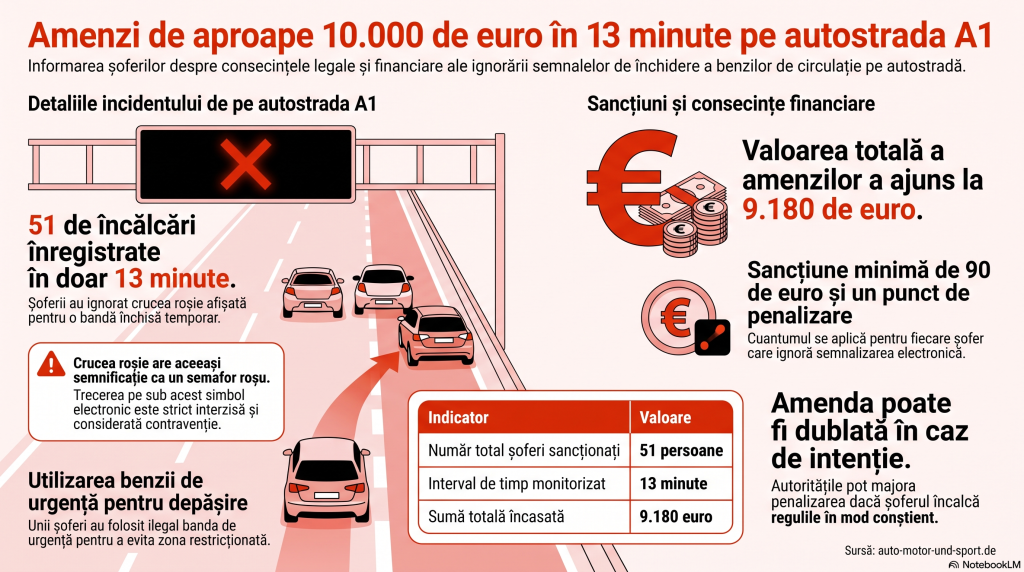 Amenzi de aproape 10.000 de euro în doar 13 minute după ce 51 de șoferi au ignorat un indicator rutier pe autostrada A1, în Germania