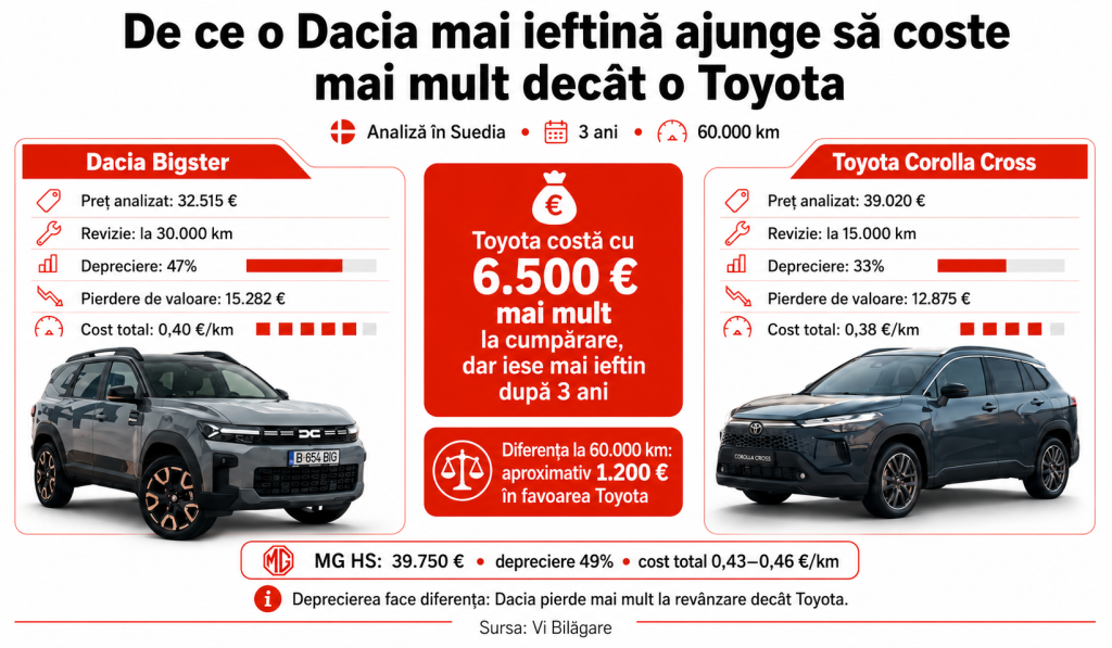 De ce o Dacia mai ieftină la cumpărare ajunge să coste mai mult decât o Toyota după trei ani