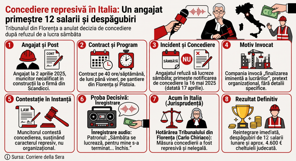 Un angajat concediat după o lună de muncă pentru că a refuzat să lucreze sâmbăta va primi 12 salarii și peste 4.500 de euro, în Italia
