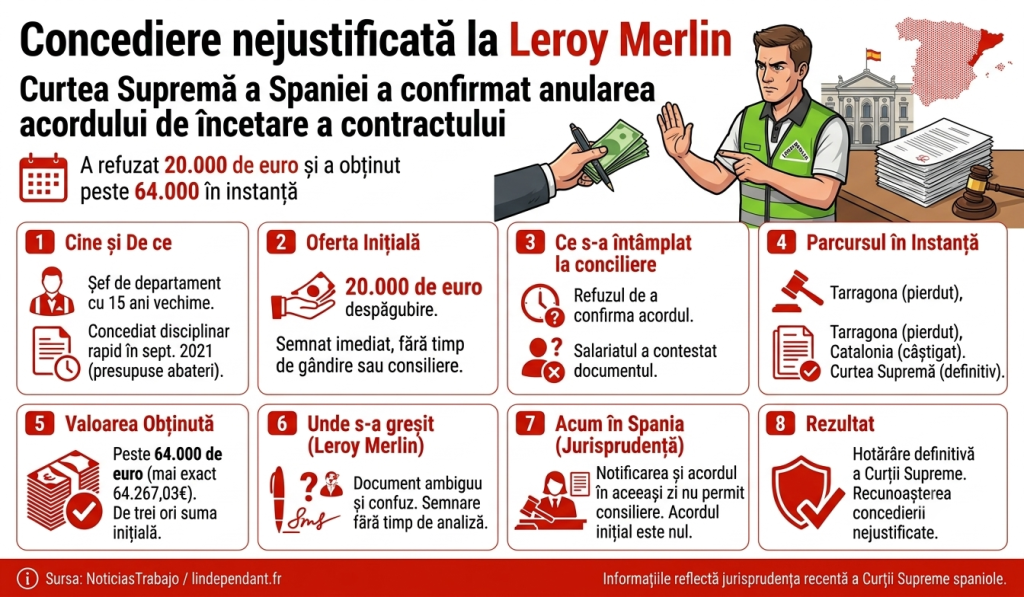 Un angajat Leroy Merlin, concediat după 15 ani de muncă, a refuzat o despăgubire de 20.000 de euro și a obținut peste 64.000 în instanță