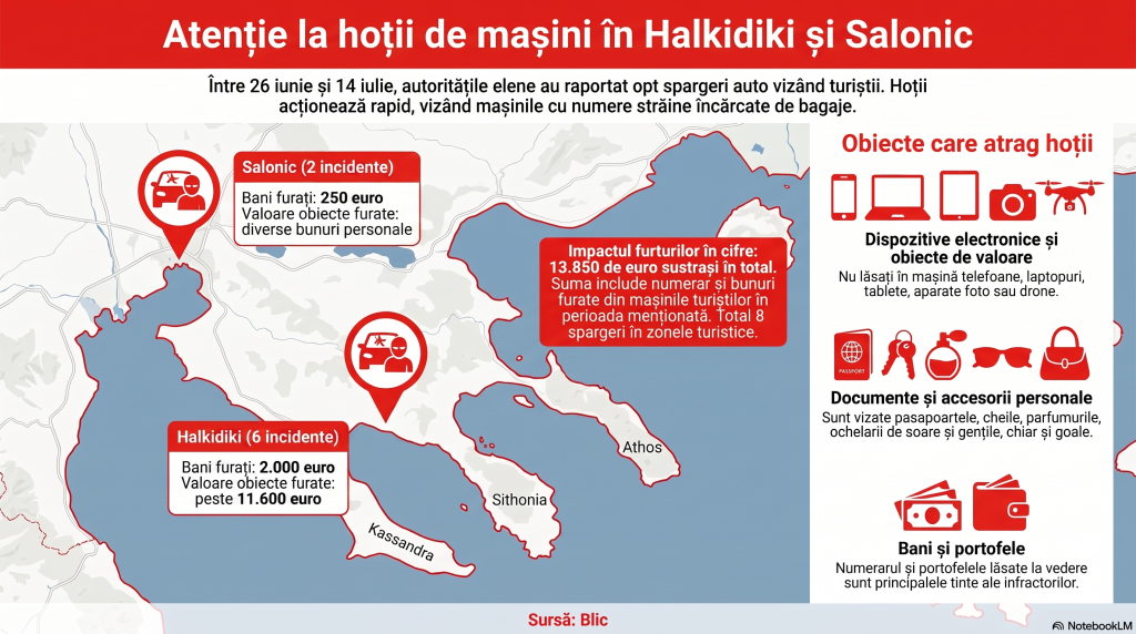 Pericol pe plajele din Halkidiki și Salonic, pentru turiștii români care merg acolo în vacanță: obiectele aparent nevaloroase care atrag spărgătorii de mașini