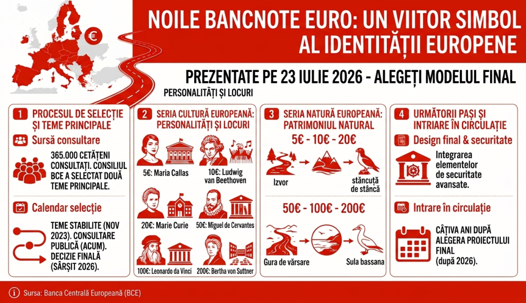 Cum vor arăta noile bancnote euro. BCE a dezvăluit primele zece modele finaliste și le cere cetățenilor să aleagă