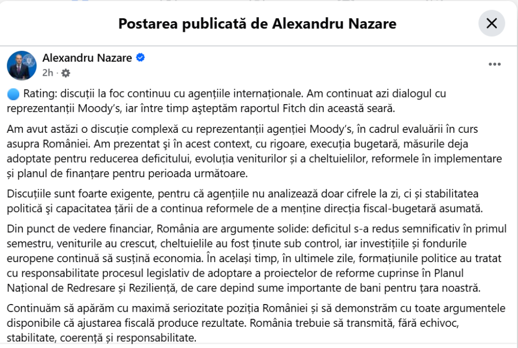 Alexandru Nazare, după discuțiile cu Moody’s: România are argumente solide pentru menținerea ratingului
