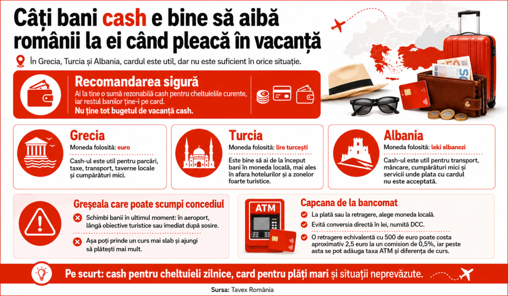 Câți bani cash e bine să aibă românii la ei când pleacă în vacanță în Grecia, Turcia sau Albania. Greșeala care poate scumpi concediul