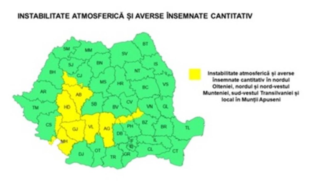 Cod galben de caniculă în șapte județe și furtuni în jumătate de țară. ANM anunță grindină și ploi de 50 l/mp