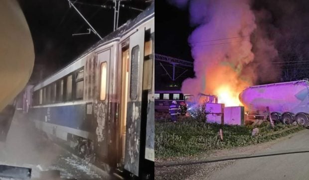 O cisternă a luat foc în Bacău după ce s-a izbit de un tren cu aproape 200 de pasageri