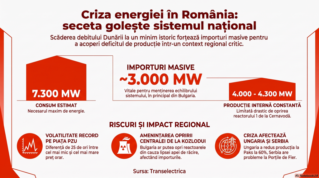 Dunărea a atins un minim istoric, iar efectul de domino a început. De unde vine energia consumată de români și cum e afectată producția de secetă