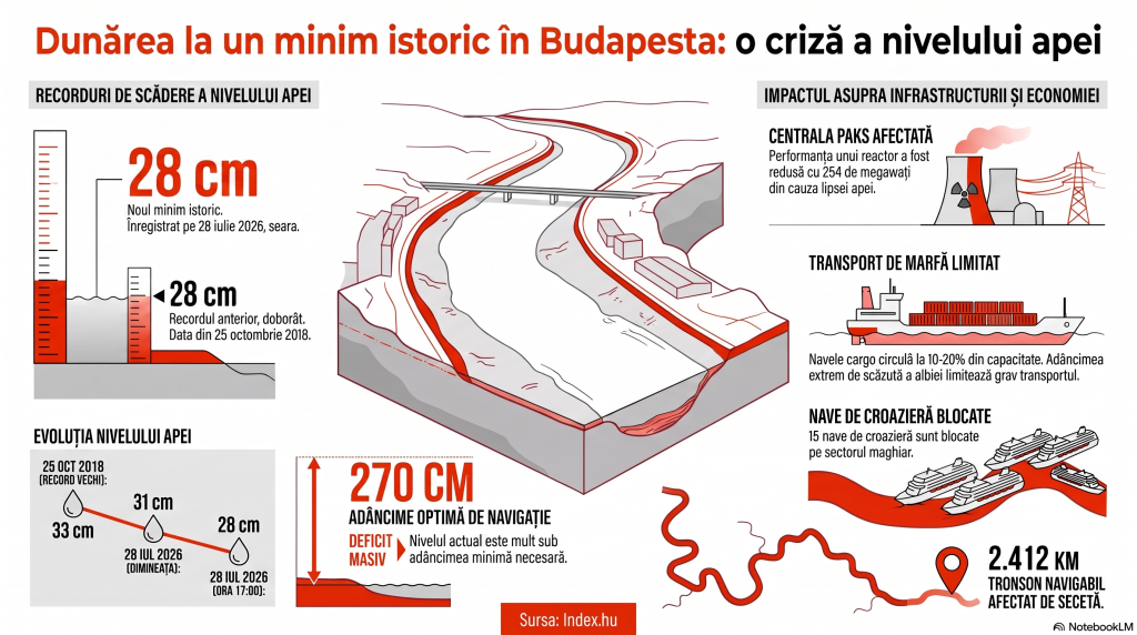 Dunărea s-a retras atât de mult, încât oamenii din Budapesta pot merge pe jos prin albia fluviului