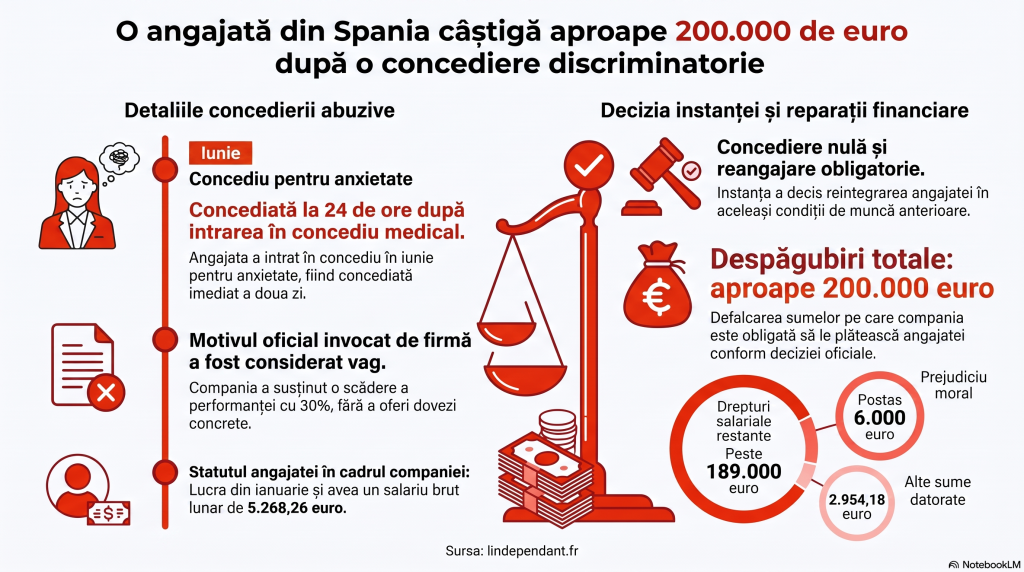 O angajată dată afară la o zi după ce intrase în concediu medical a câștigat în instanță aproape 200.000 de euro, în Spania