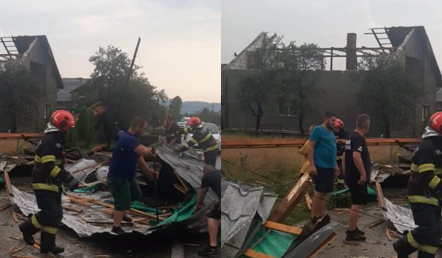 Furtunile au făcut prăpăd în Maramureș: un acoperiș a fost smuls și aruncat în mijlocul drumului, iar mai mulți copaci au fost doborâți la pământ