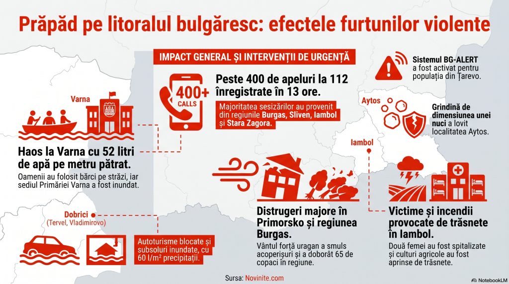 Prăpăd pe litoralul bulgăresc: vânt cu forță de uragan și furtuni violente în locurile preferate de români pentru vacanță