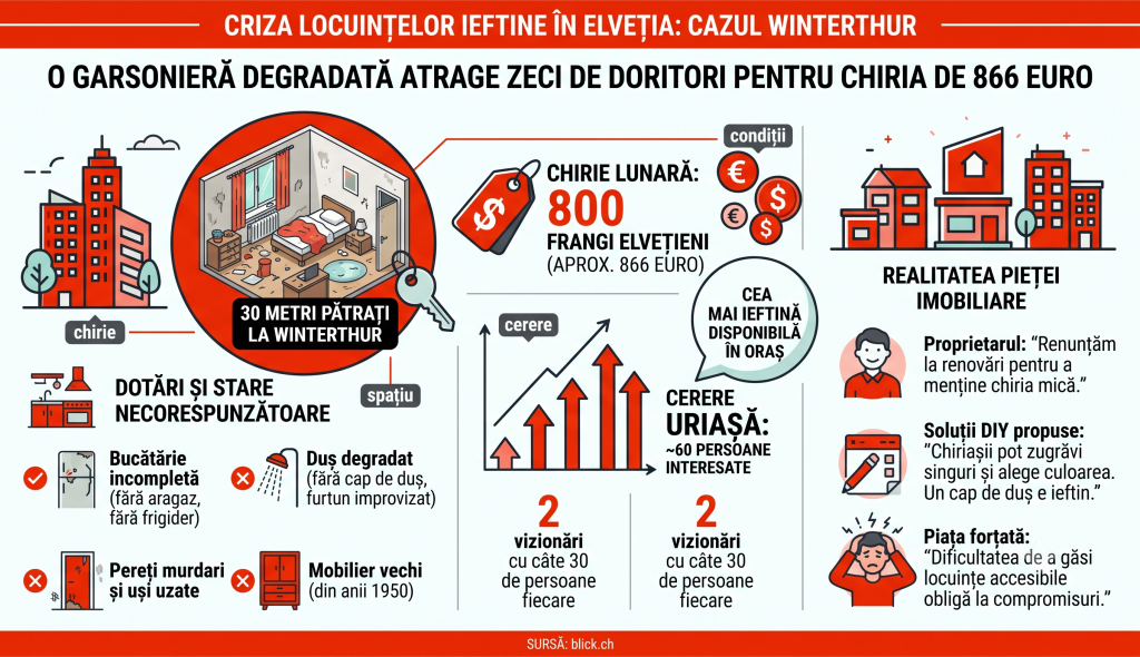 O garsonieră murdară, fără aragaz sau frigider, se închiriază cu 866 de euro pe lună și a atras zeci de doritori, în Elveția