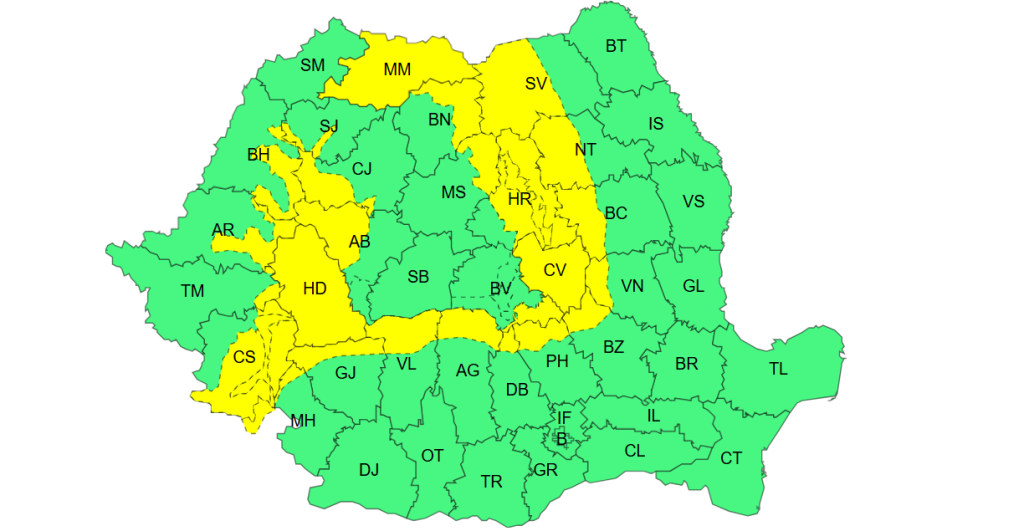 Ploi torențiale, vijelii și grindină în 25 de județe ale țării. Harta zonelor vizate de avertizarea meteo cod galben emisă de ANM