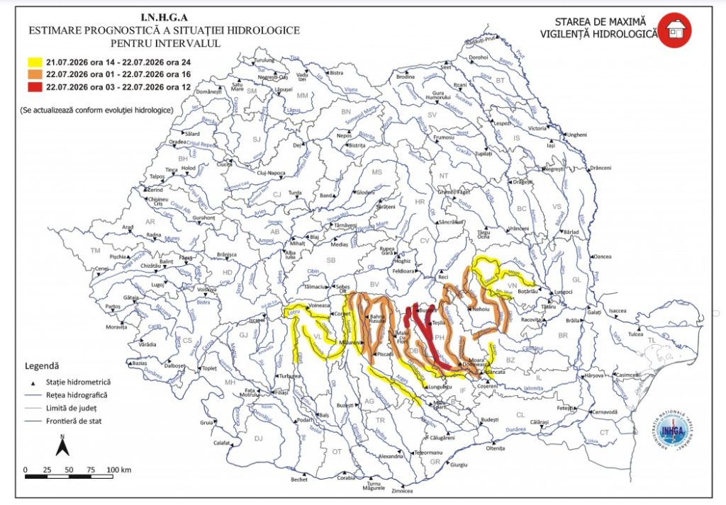 Harta cu zonele vizate de coduri de inundații emisă de INHGA