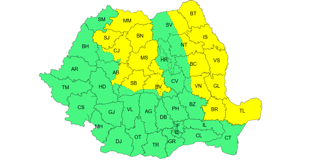 ANM a emis cod galben și portocaliu pentru mai multe regiuni din țară: vijelii, grindină și descărcări electrice, printre fenomenele vizate